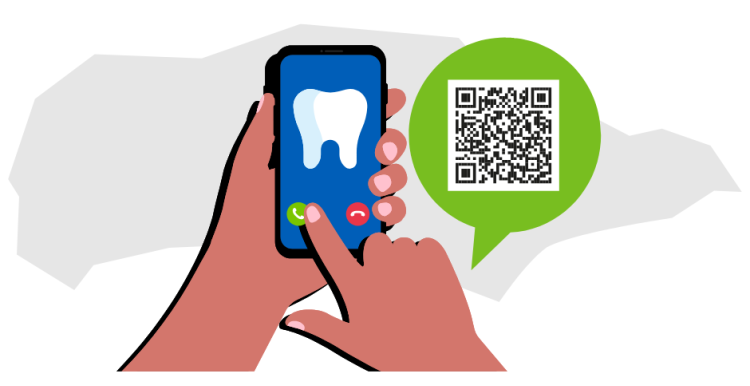 Graphic of a person's hands calling a dental helpline.