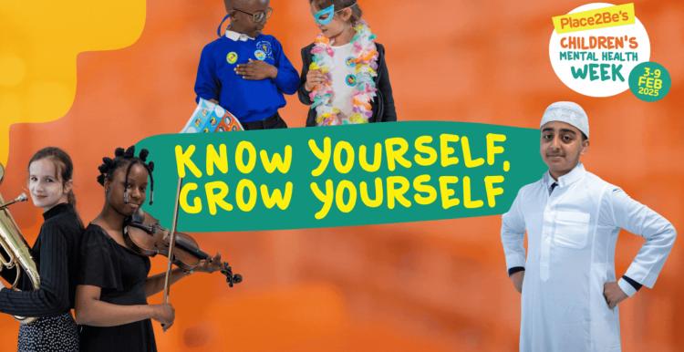 Five children enjoying creative activities superimposed on an orange background with the text, know yourself, grow yourself. 