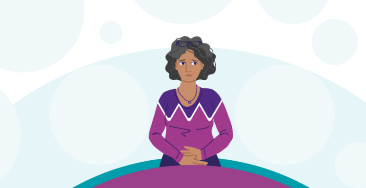 An illustration of a women looking concerned and holding her tummy. This recognises the symptoms of ovarian cancer for ovarian cancer awareness month, listing the symptoms as a bloated tummy, tummy pain, needing to wee more, and always feeling full.