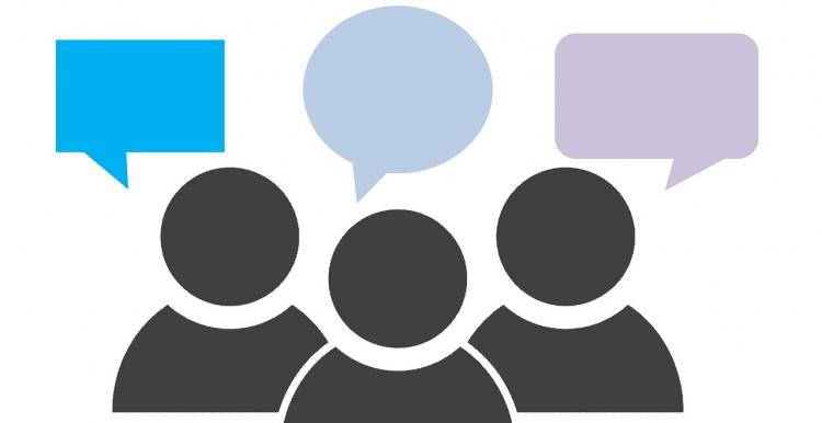 Graphic image, Three block figures, Black, Speech bubbles above each, Blue, Light Blue and Purple Speech Bubbles