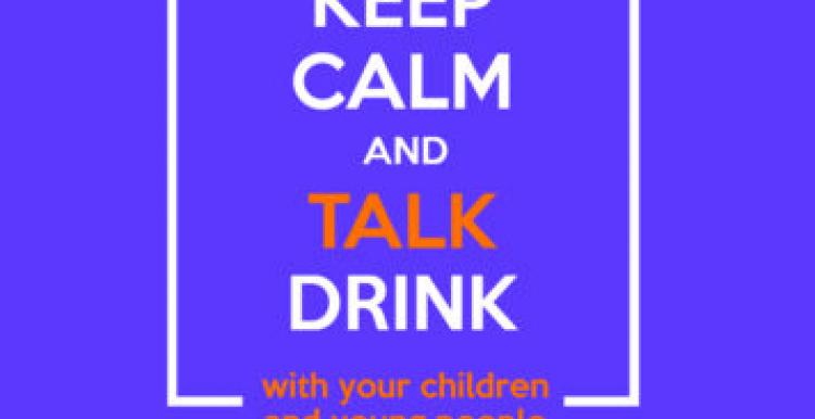 Blue Poster, White Text, Keep Calm and Talk Drink, Website information at the footer, graphic of wine bottle at top of poster