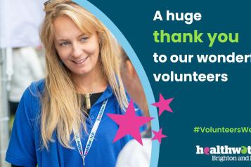 "A huge thank you to our wonderful volunteers. #VolunteersWeek." Smiling blonde woman wearing healthwatch clothes.