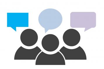 Graphic image, Three block figures, Black, Speech bubbles above each, Blue, Light Blue and Purple Speech Bubbles