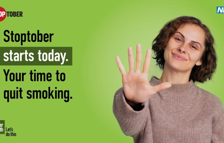 A person is holding 5 fingers up and there is text which says "Stop smoking for Stoptober and you're 5 times more likely to quit for good"