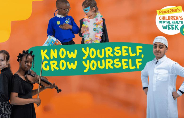 Five children enjoying creative activities superimposed on an orange background with the text, know yourself, grow yourself. 